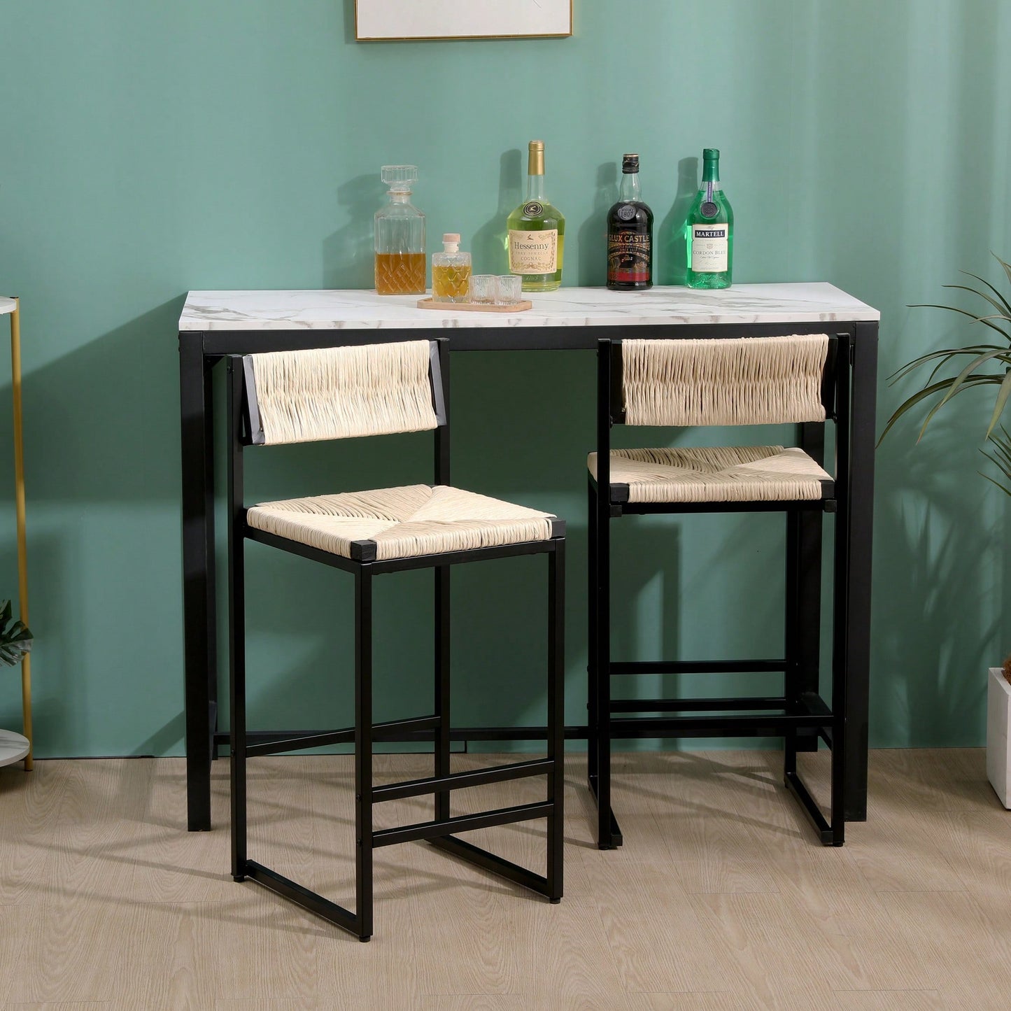 Handcrafted Creamy White Woven Paper Rope Bar Stools Set of 2 with Footrest for Kitchen Island and Dining Room