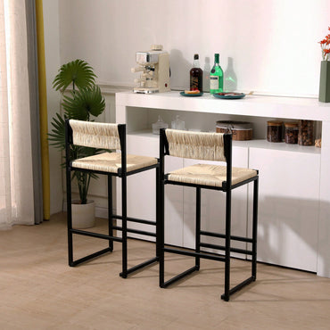 Handcrafted Creamy White Woven Paper Rope Bar Stools Set of 2 with Footrest for Kitchen Island and Dining Room