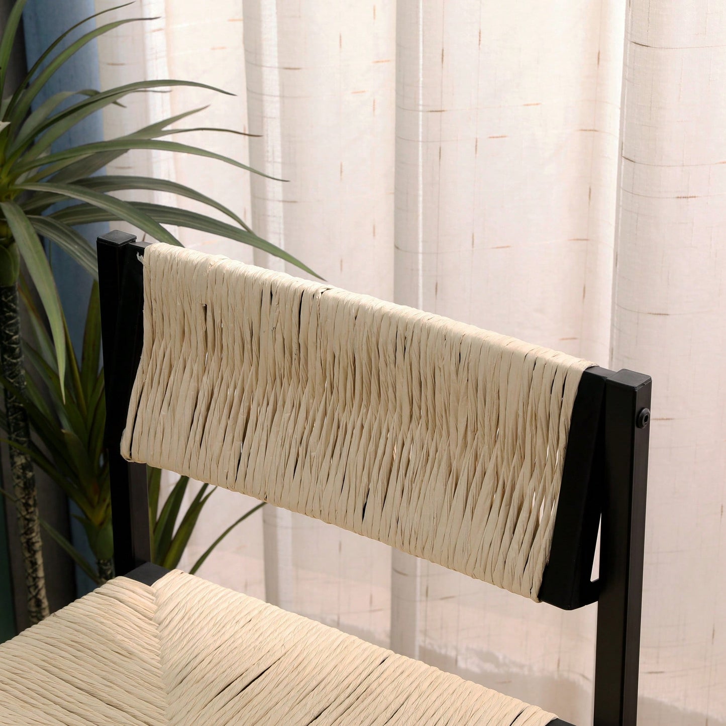 Handcrafted Creamy White Woven Paper Rope Bar Stools Set of 2 with Footrest for Kitchen Island and Dining Room
