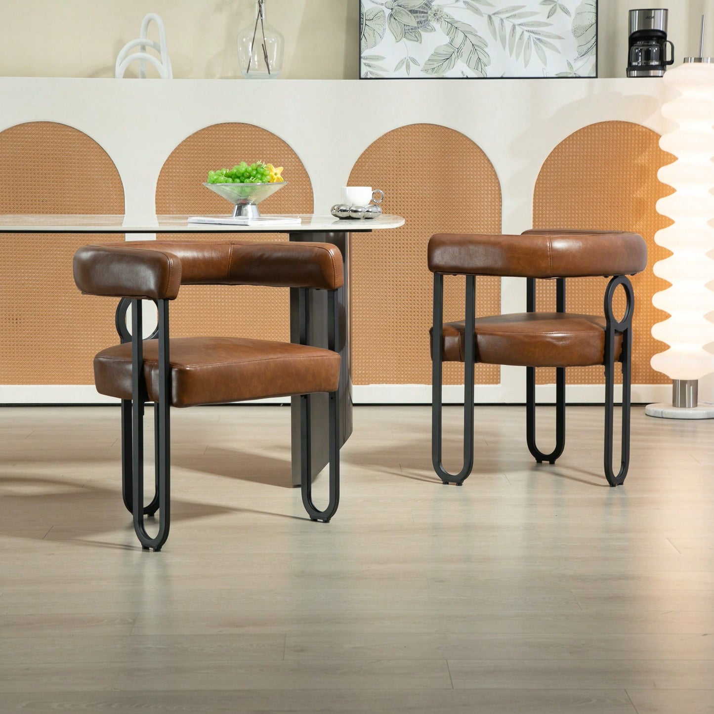 Stylish Contemporary PU Fabric Upholstered Barrel Accent Chairs For Dining And Living Room - Set Of 2 In Light Brown