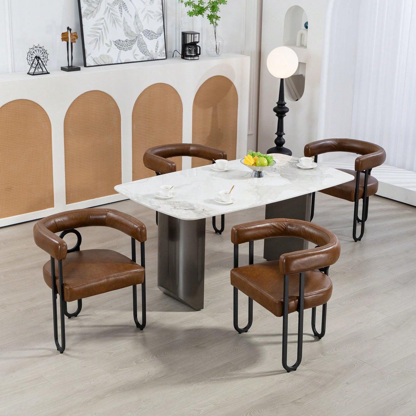 Stylish Contemporary PU Fabric Upholstered Barrel Accent Chairs For Dining And Living Room - Set Of 2 In Light Brown
