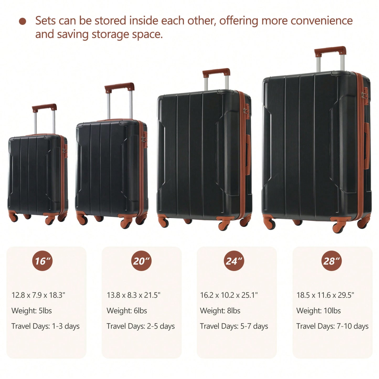 6-Piece Expandable Hardshell Luggage Set - Lightweight Suitcases With Wheels And TSA Lock For Travel - Sleek Black & Brown Design