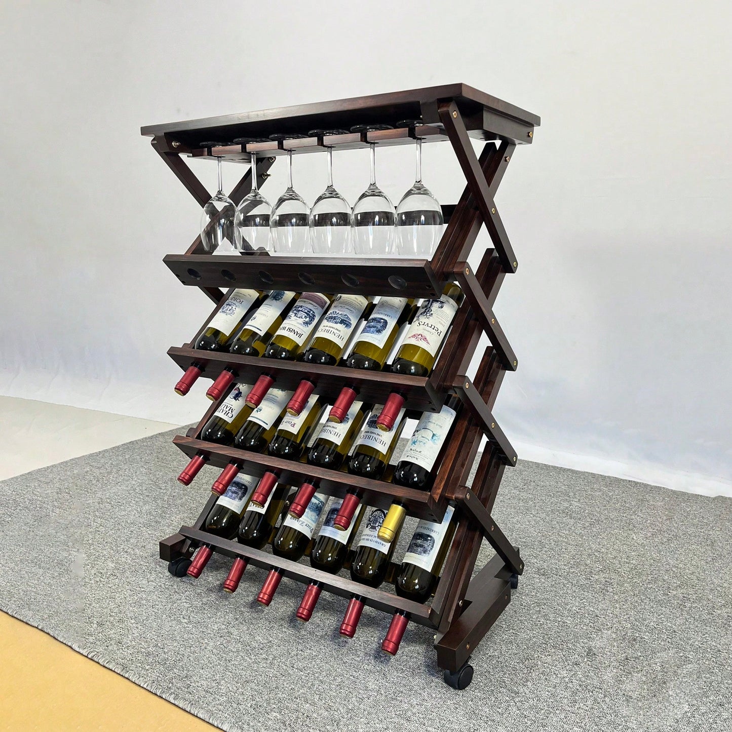 Stylish Freestanding Wine Rack For Kitchen, Pantry, Or Cellar - Holds 26 Bottles - Elegant Walnut Wine Storage Display