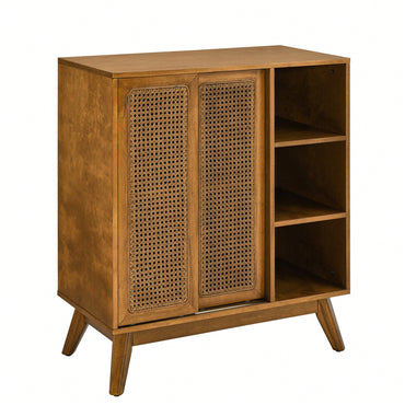 Mid Century Modern Rattan Buffet Cabinet with Adjustable Shelf and Solid Wood Legs for Entryway Living Room Kitchen Dining Room
