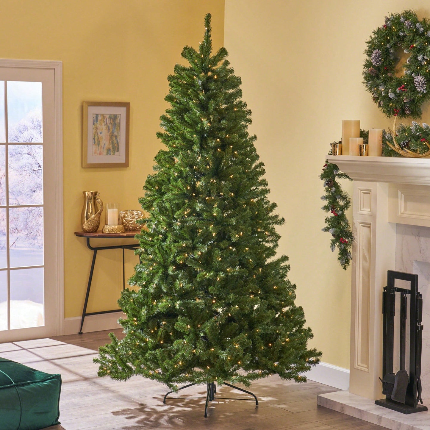 Stunning 7' Hinged Artificial Christmas Tree With 500 Lights - 48" Diameter, 1110 Tips For A Festive Touch