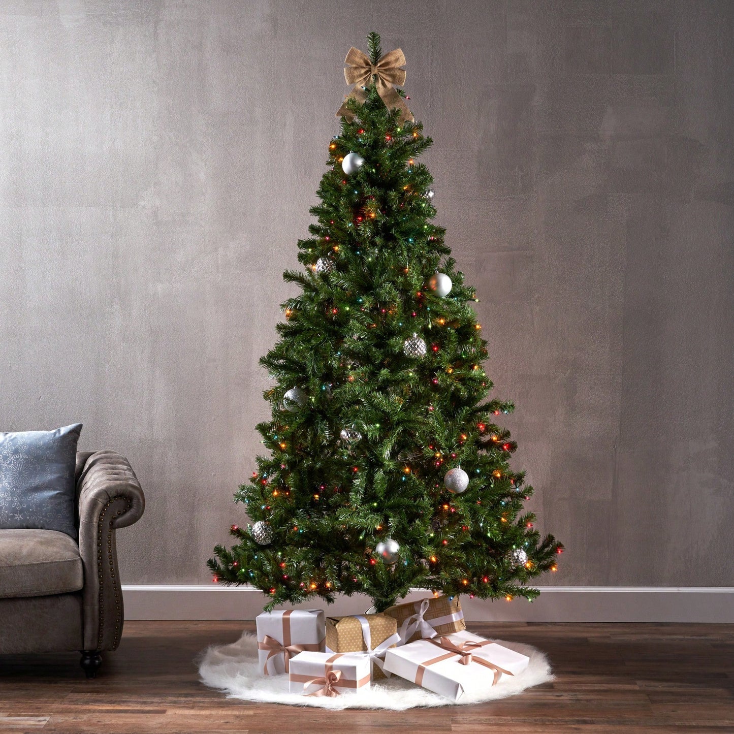 7-Foot Hinged Christmas Tree With 500 UL Multi-Colored Lights - 48-Inch Diameter Holiday Decor