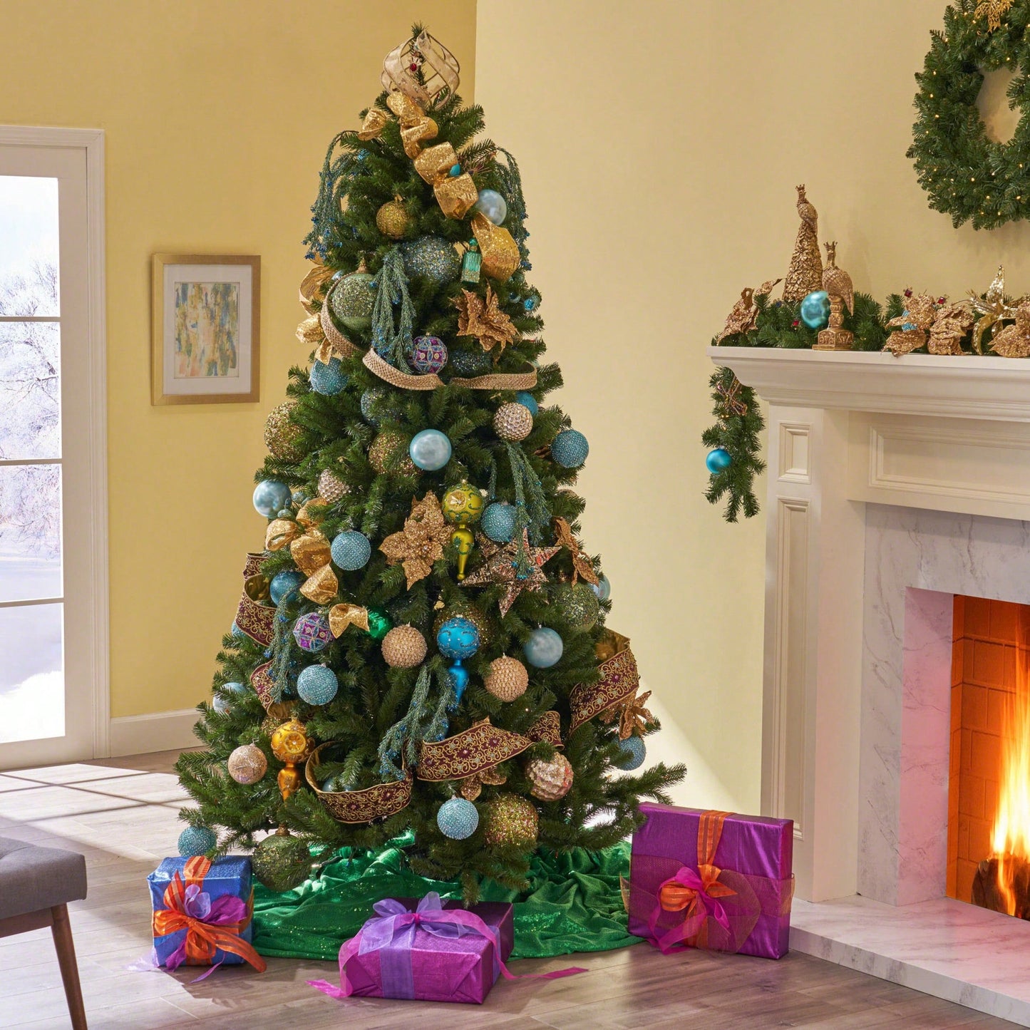 7-Foot Hinged Christmas Tree With 500 UL Multi-Colored Lights - 48-Inch Diameter Holiday Decor