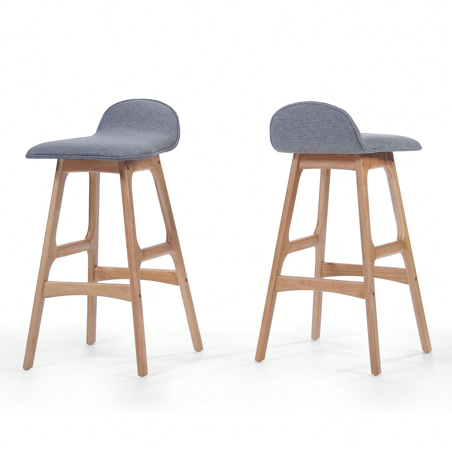 Set Of 2 Mid-Century Modern Upholstered Low Back Barstools - 28.5 Gray Design With Natural Oak Finish"