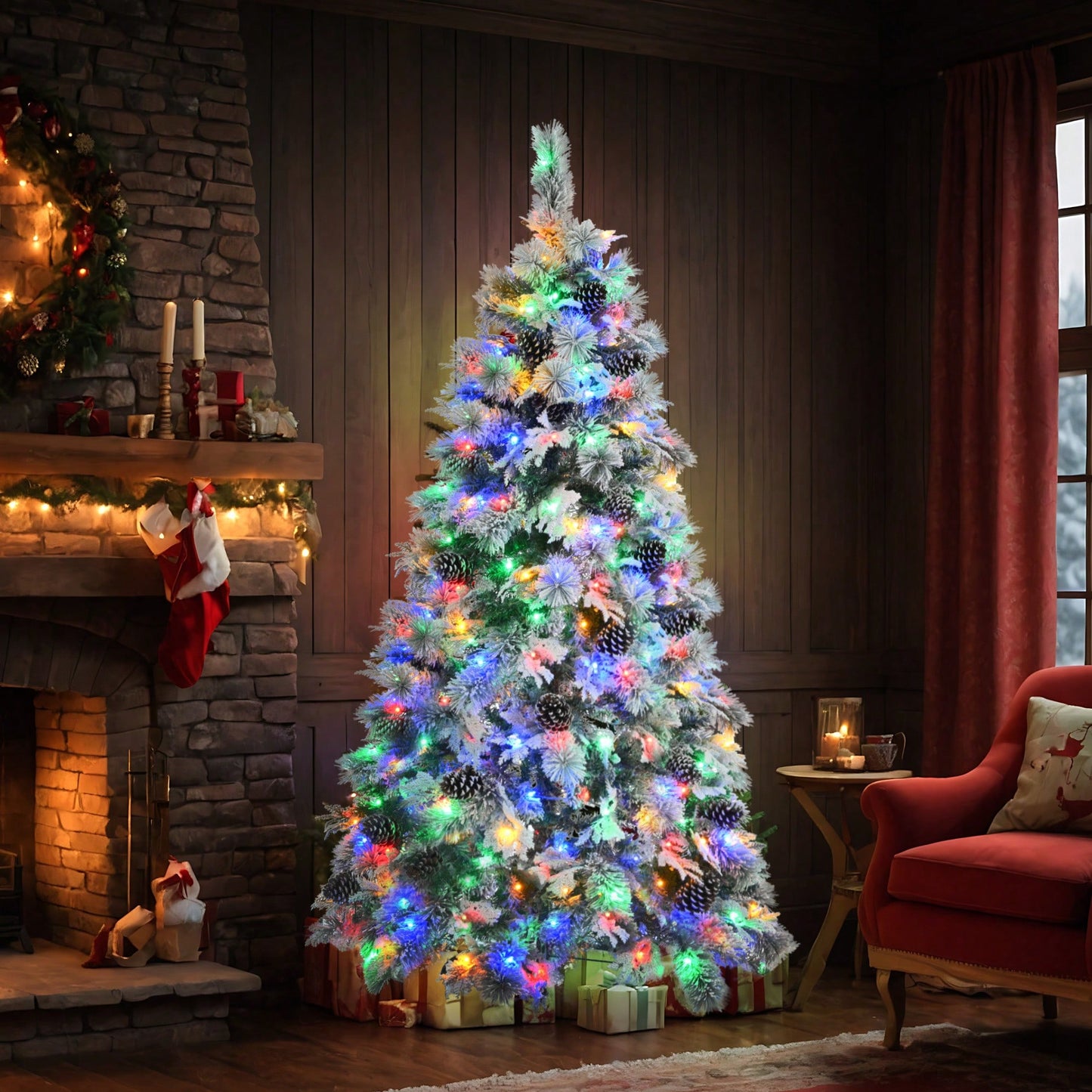 6FT Snow Flocked Christmas Tree with Pine Cones 250 Multi-Color LED Lights 11 Flashing Modes Holiday Decor