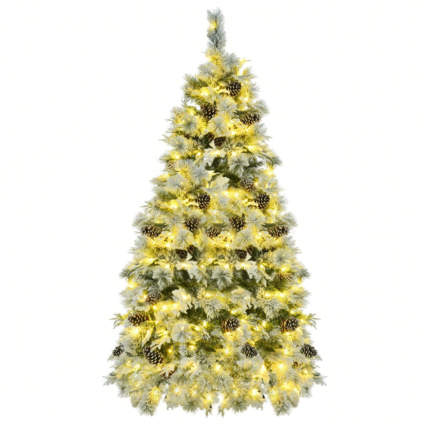 6FT Snow Flocked Christmas Tree with Pine Cones 250 Multi-Color LED Lights 11 Flashing Modes Holiday Decor