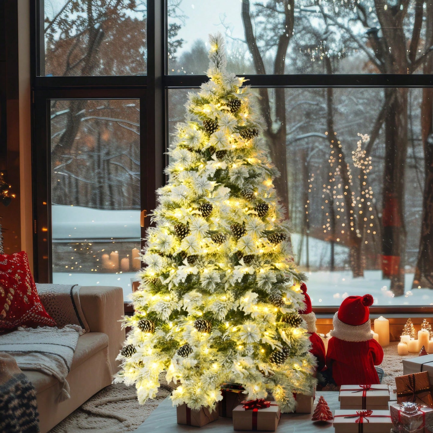 6FT Snow Flocked Christmas Tree with Pine Cones 250 Multi-Color LED Lights 11 Flashing Modes Holiday Decor