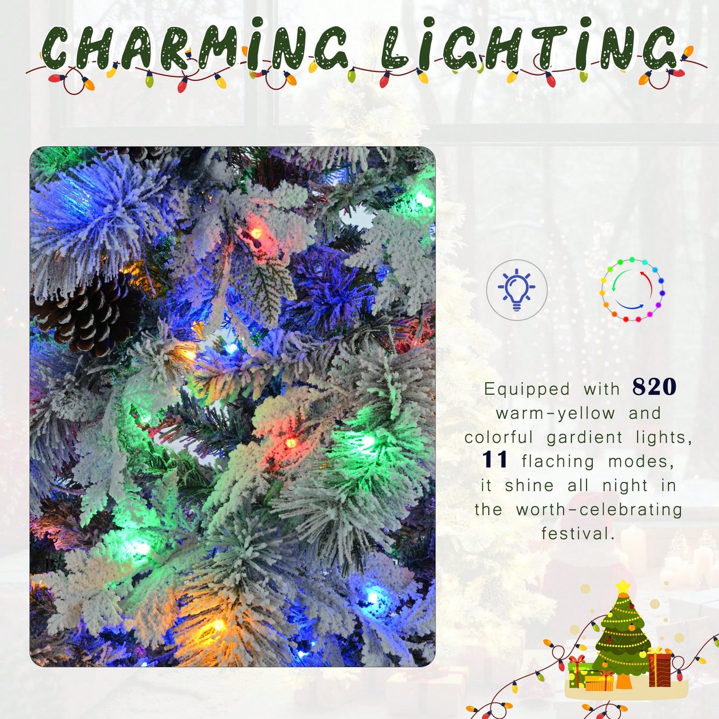 6FT Snow Flocked Christmas Tree with Pine Cones 250 Multi-Color LED Lights 11 Flashing Modes Holiday Decor