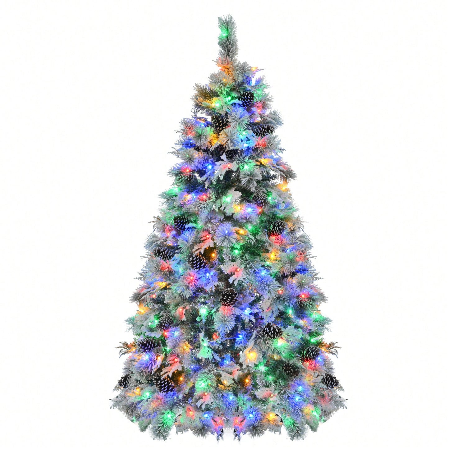6FT Snow Flocked Christmas Tree with Pine Cones 250 Multi-Color LED Lights 11 Flashing Modes Holiday Decor