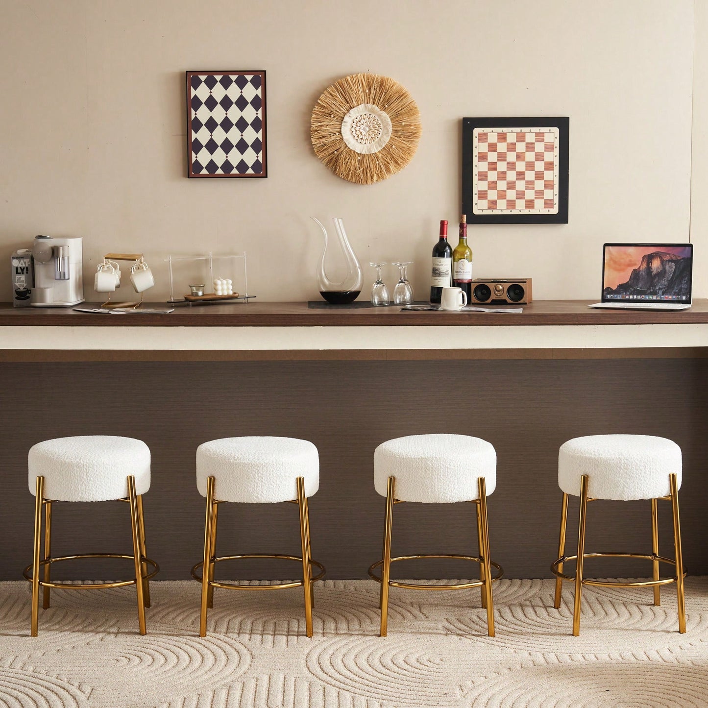 Contemporary Set of 2 24 Inch Upholstered Round Bar Stools for Kitchen and Cafe Stylish Seating