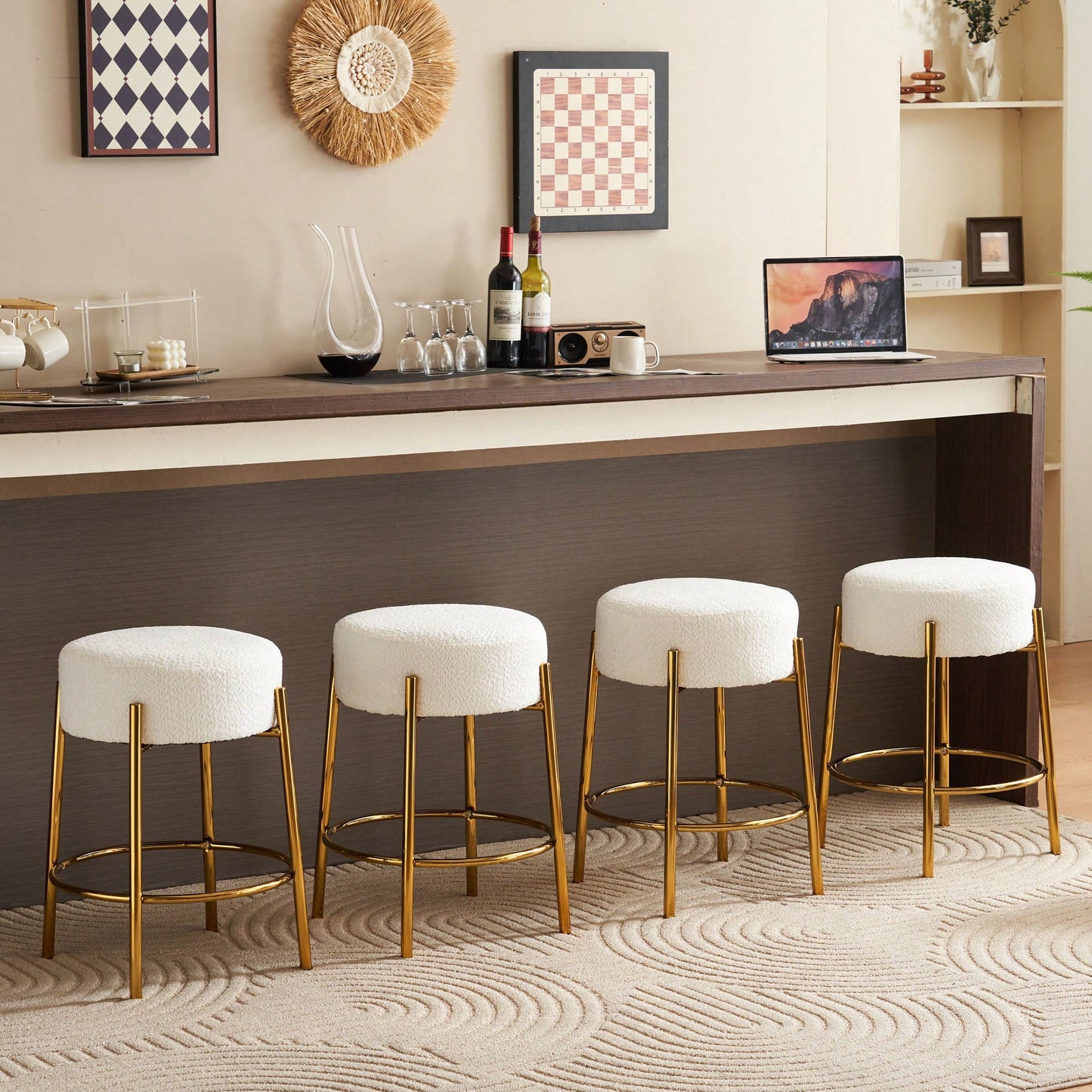 Contemporary Set of 2 24 Inch Upholstered Round Bar Stools for Kitchen and Cafe Stylish Seating