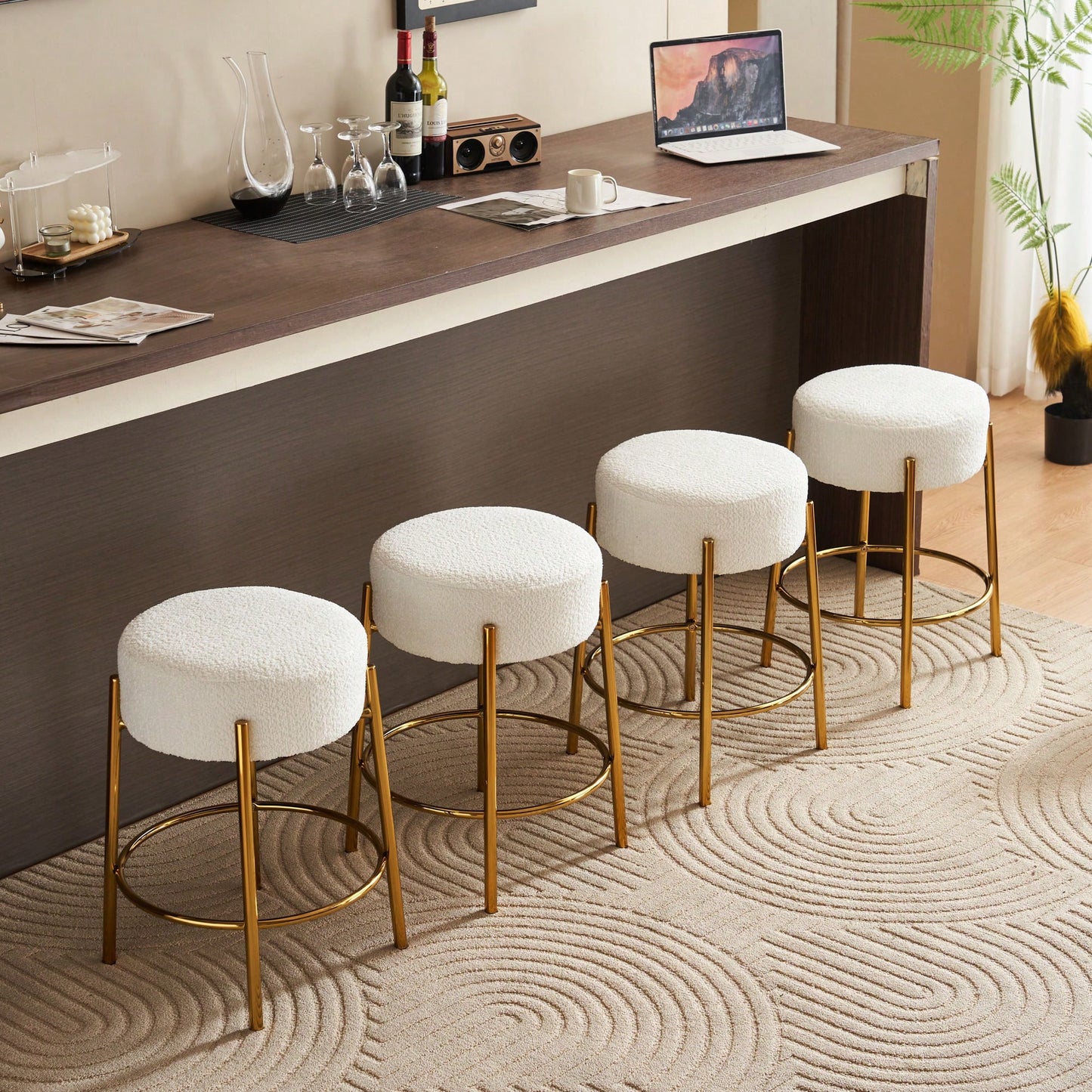 Contemporary Set of 2 24 Inch Upholstered Round Bar Stools for Kitchen and Cafe Stylish Seating
