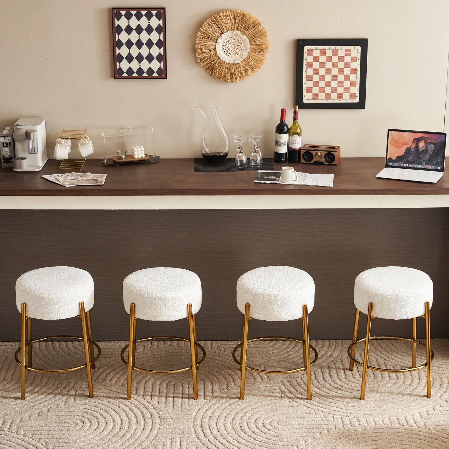 Contemporary Set of 2 24 Inch Upholstered Round Bar Stools for Kitchen and Cafe Stylish Seating