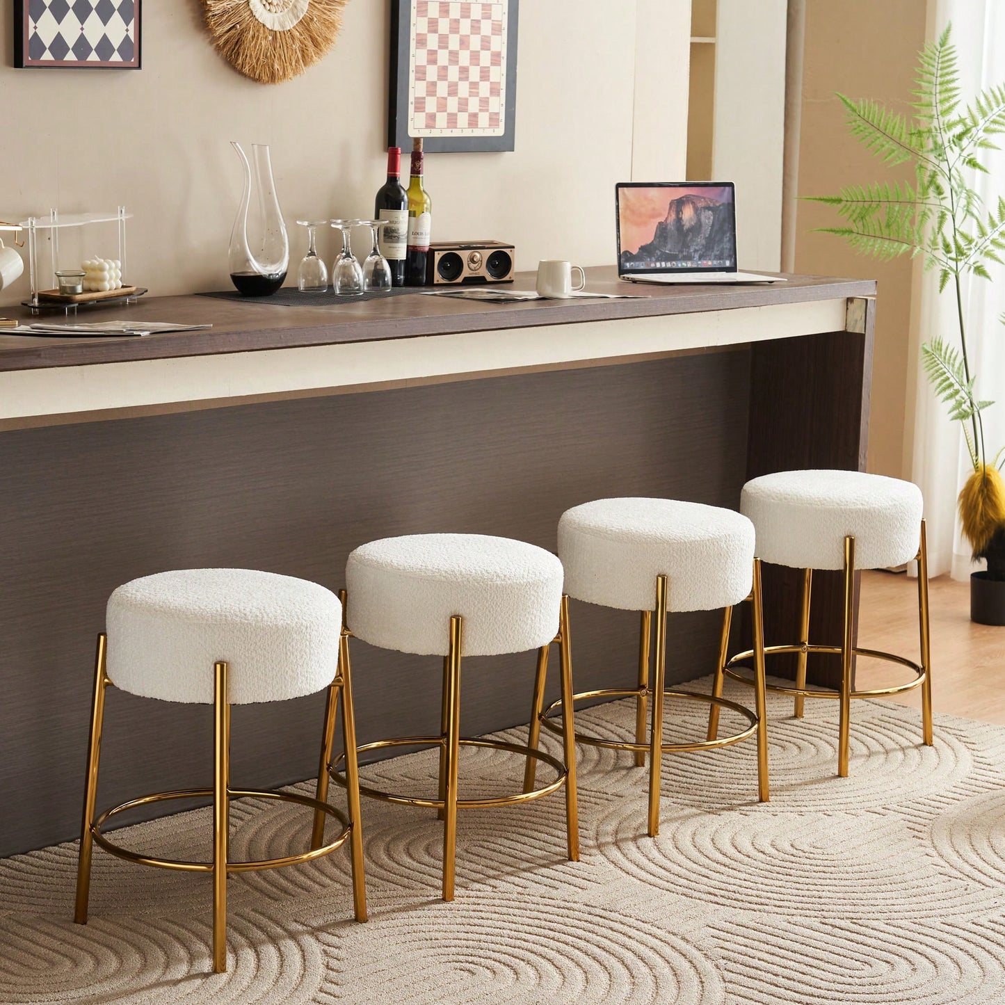 Contemporary Set of 2 24 Inch Upholstered Round Bar Stools for Kitchen and Cafe Stylish Seating
