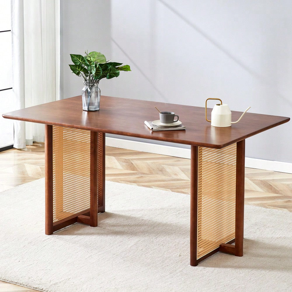 Country-Inspired Solid Wood Dining Table With Modern Rattan Design - Perfect For Dining Rooms, Living Rooms, And Offices