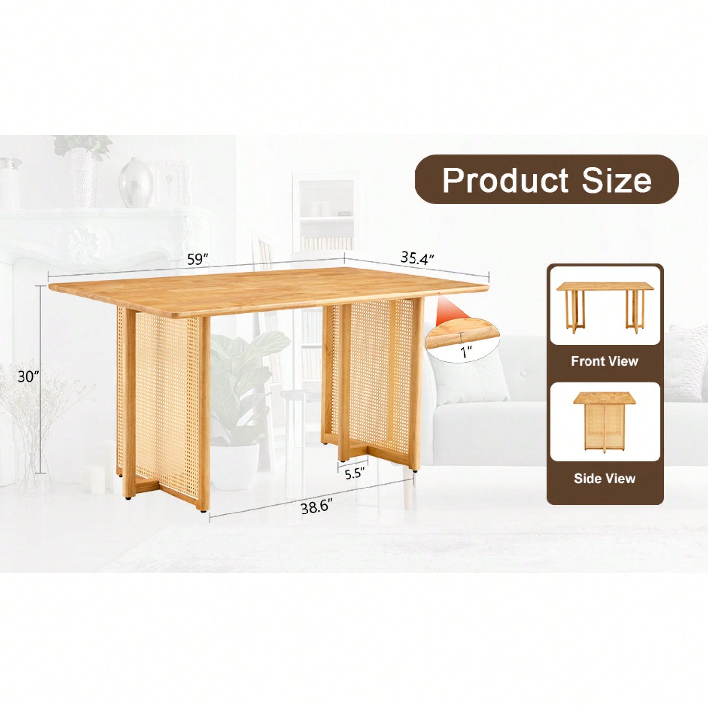 Country-Inspired Solid Wood Dining Table With Modern Rattan Design - Perfect For Dining Rooms, Living Rooms, And Offices