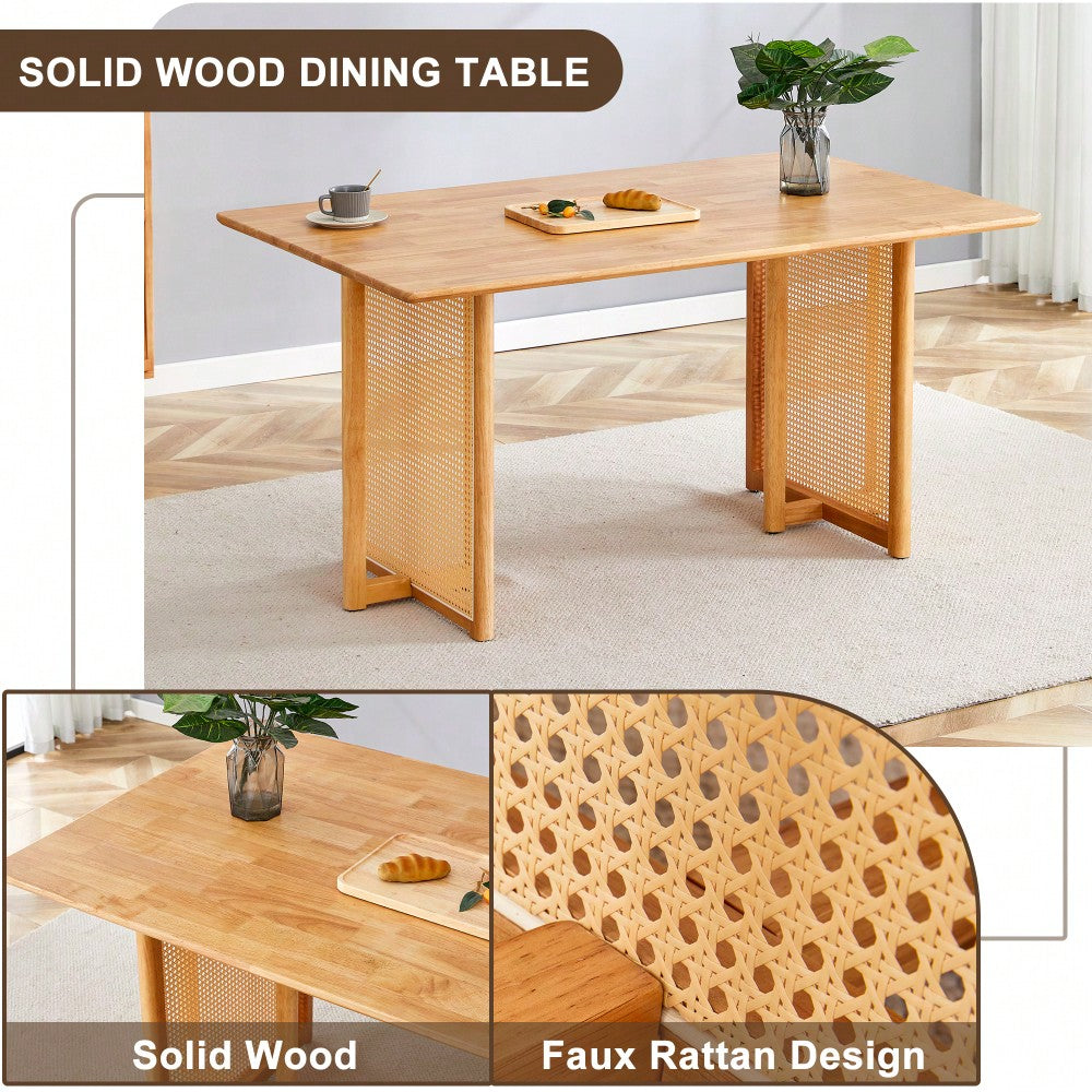 Country-Inspired Solid Wood Dining Table With Modern Rattan Design - Perfect For Dining Rooms, Living Rooms, And Offices