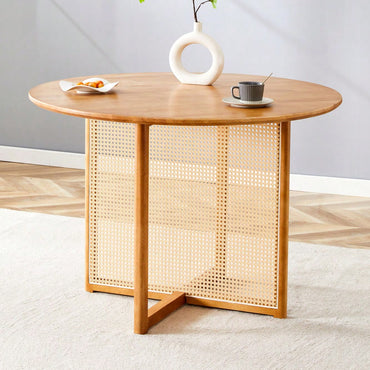 Charming Solid Wood Round Table With Modern Imitation Rattan Design - Perfect For Dining Room, Living Room, Or Office