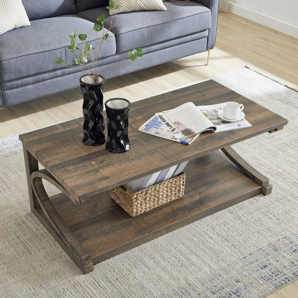 Unique 48-Inch Solid Wood Modern Coffee Table With Storage - Special Shape Center Table For Living Room, Kitchen, And Apartment Dining