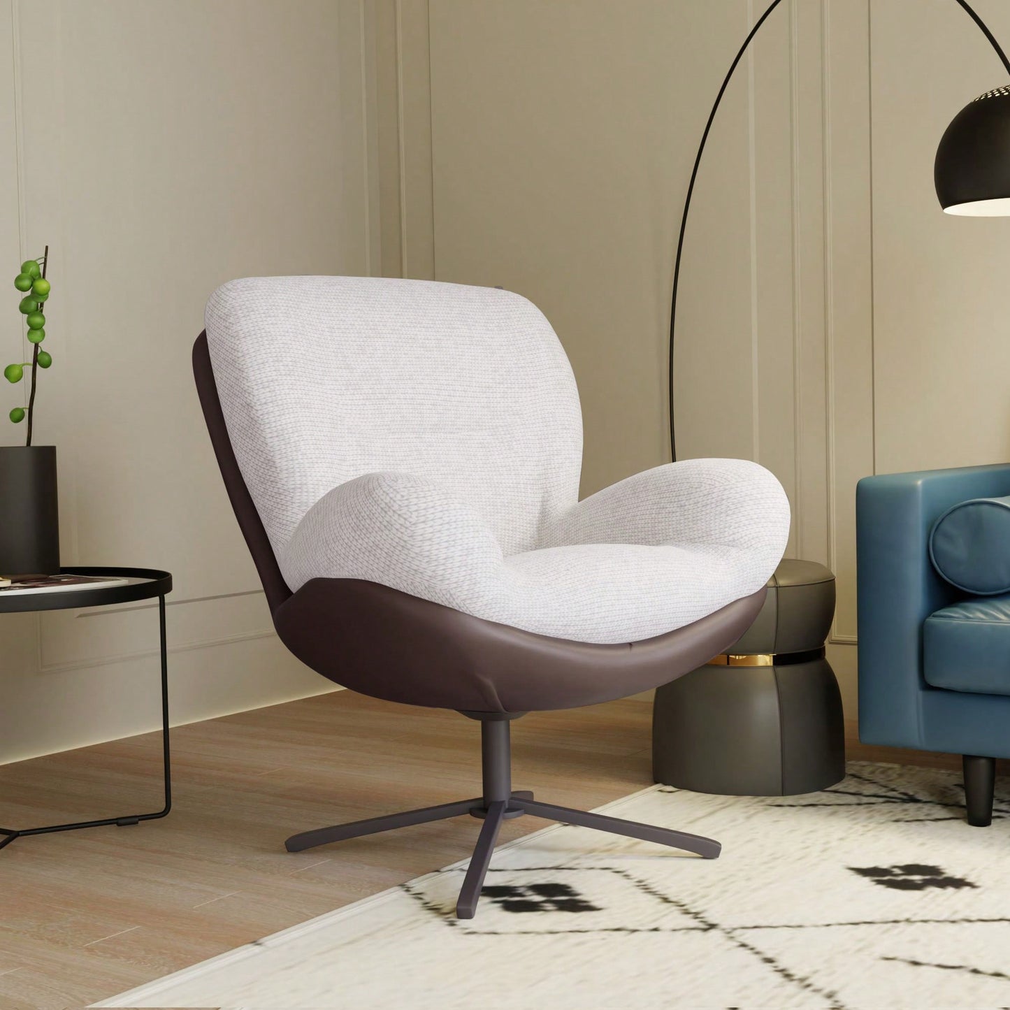 Navy Blue 360° Swivel Accent Chair Stylish Chenille Lounge Chair with Faux Leather Base Ideal for Small Spaces Living Room Bedroom Office