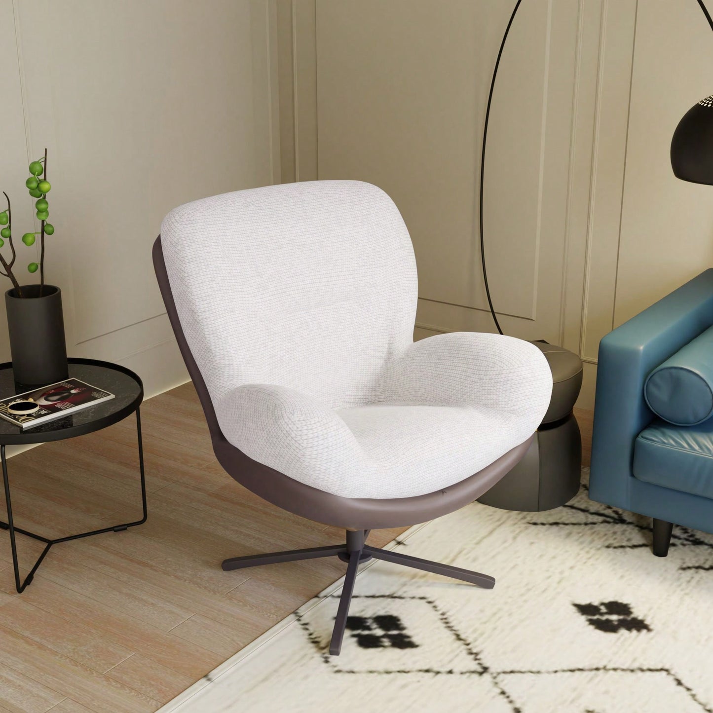 Navy Blue 360° Swivel Accent Chair Stylish Chenille Lounge Chair with Faux Leather Base Ideal for Small Spaces Living Room Bedroom Office