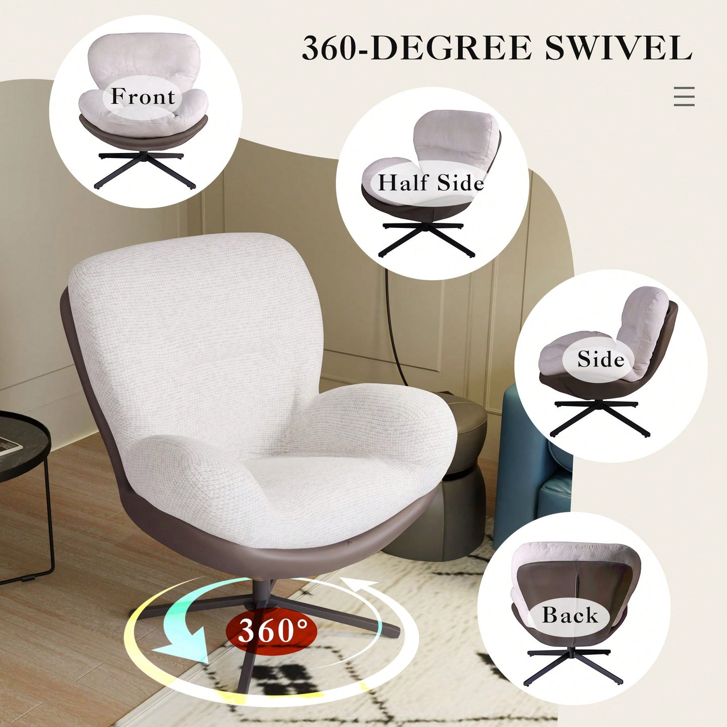 Navy Blue 360° Swivel Accent Chair Stylish Chenille Lounge Chair with Faux Leather Base Ideal for Small Spaces Living Room Bedroom Office
