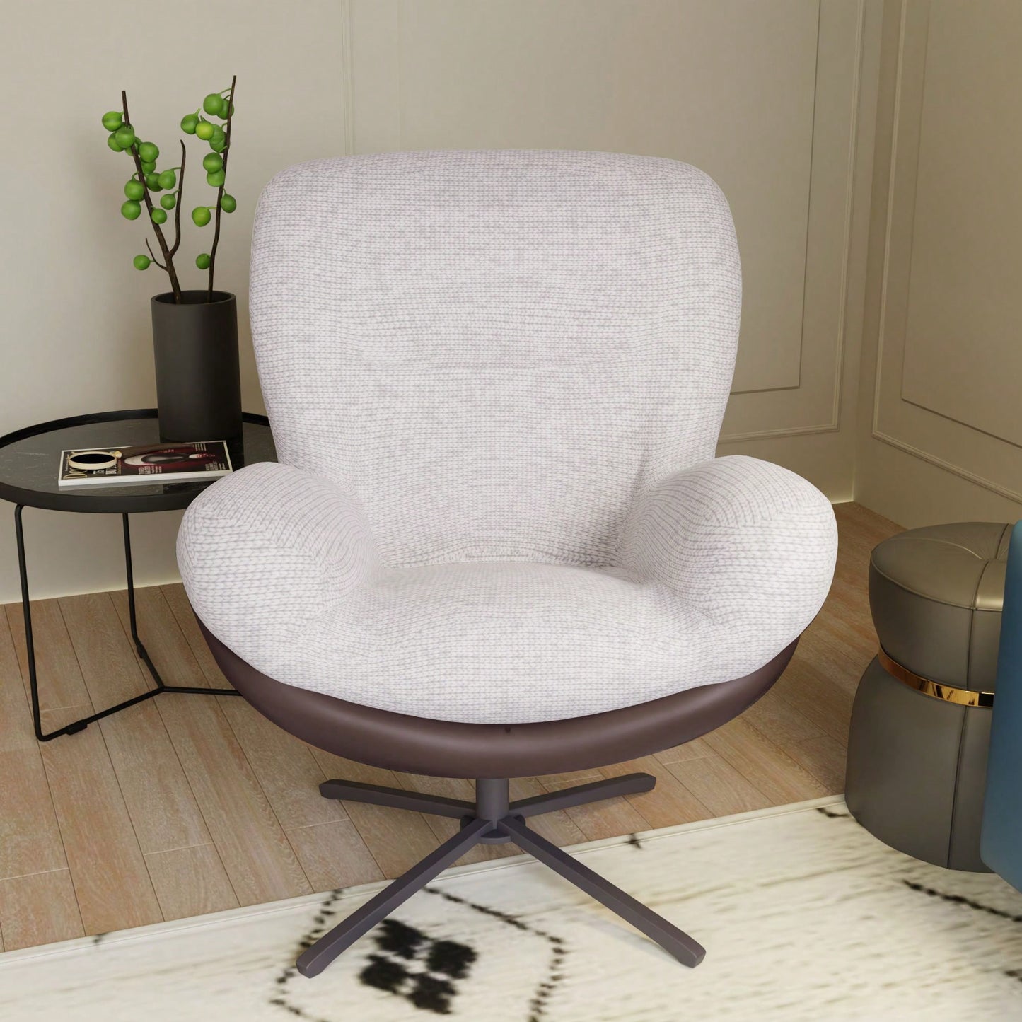 Navy Blue 360° Swivel Accent Chair Stylish Chenille Lounge Chair with Faux Leather Base Ideal for Small Spaces Living Room Bedroom Office