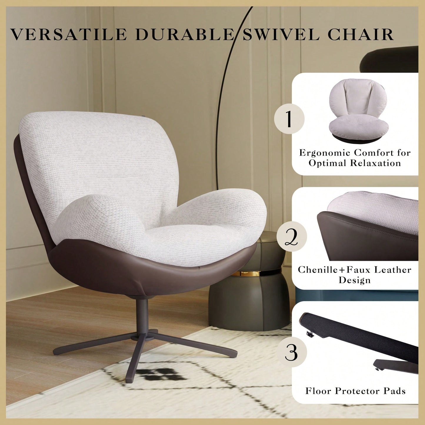 Navy Blue 360° Swivel Accent Chair Stylish Chenille Lounge Chair with Faux Leather Base Ideal for Small Spaces Living Room Bedroom Office
