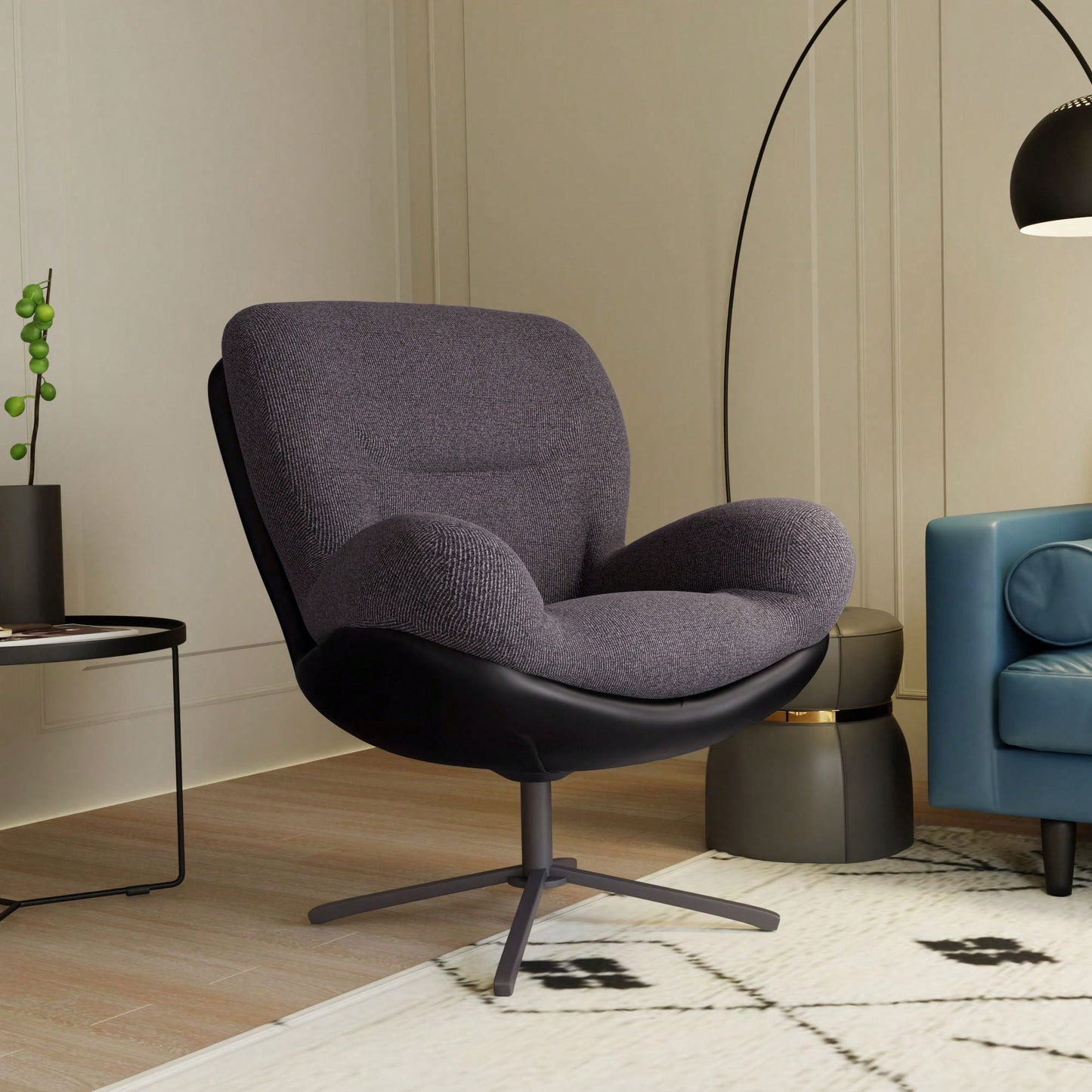 Navy Blue 360° Swivel Accent Chair Stylish Chenille Lounge Chair with Faux Leather Base Ideal for Small Spaces Living Room Bedroom Office