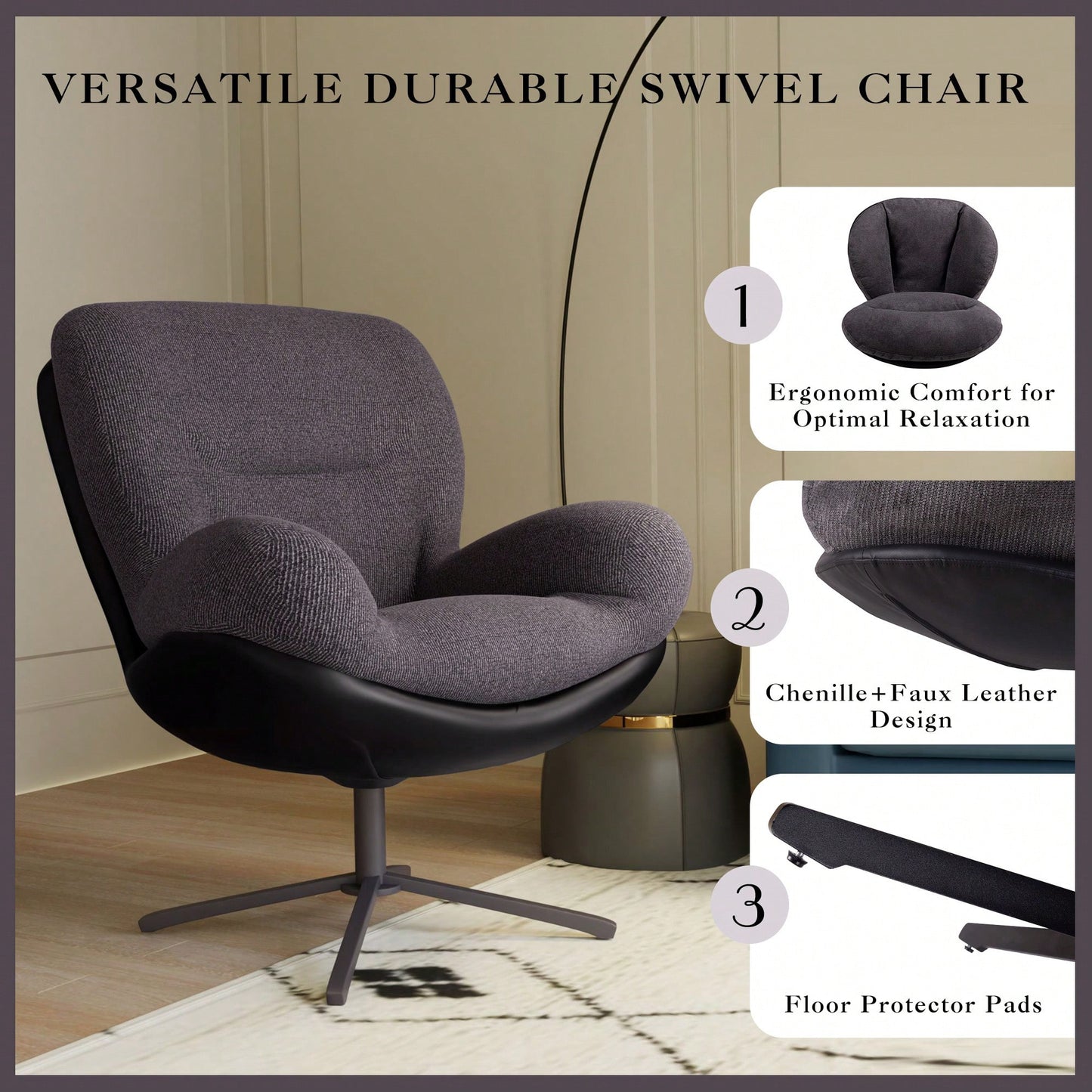 Navy Blue 360° Swivel Accent Chair Stylish Chenille Lounge Chair with Faux Leather Base Ideal for Small Spaces Living Room Bedroom Office