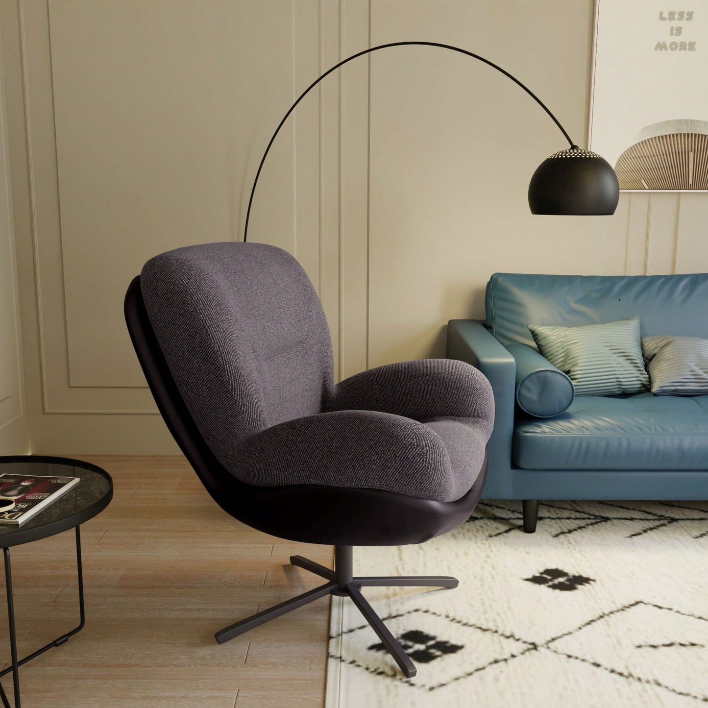 Navy Blue 360° Swivel Accent Chair Stylish Chenille Lounge Chair with Faux Leather Base Ideal for Small Spaces Living Room Bedroom Office