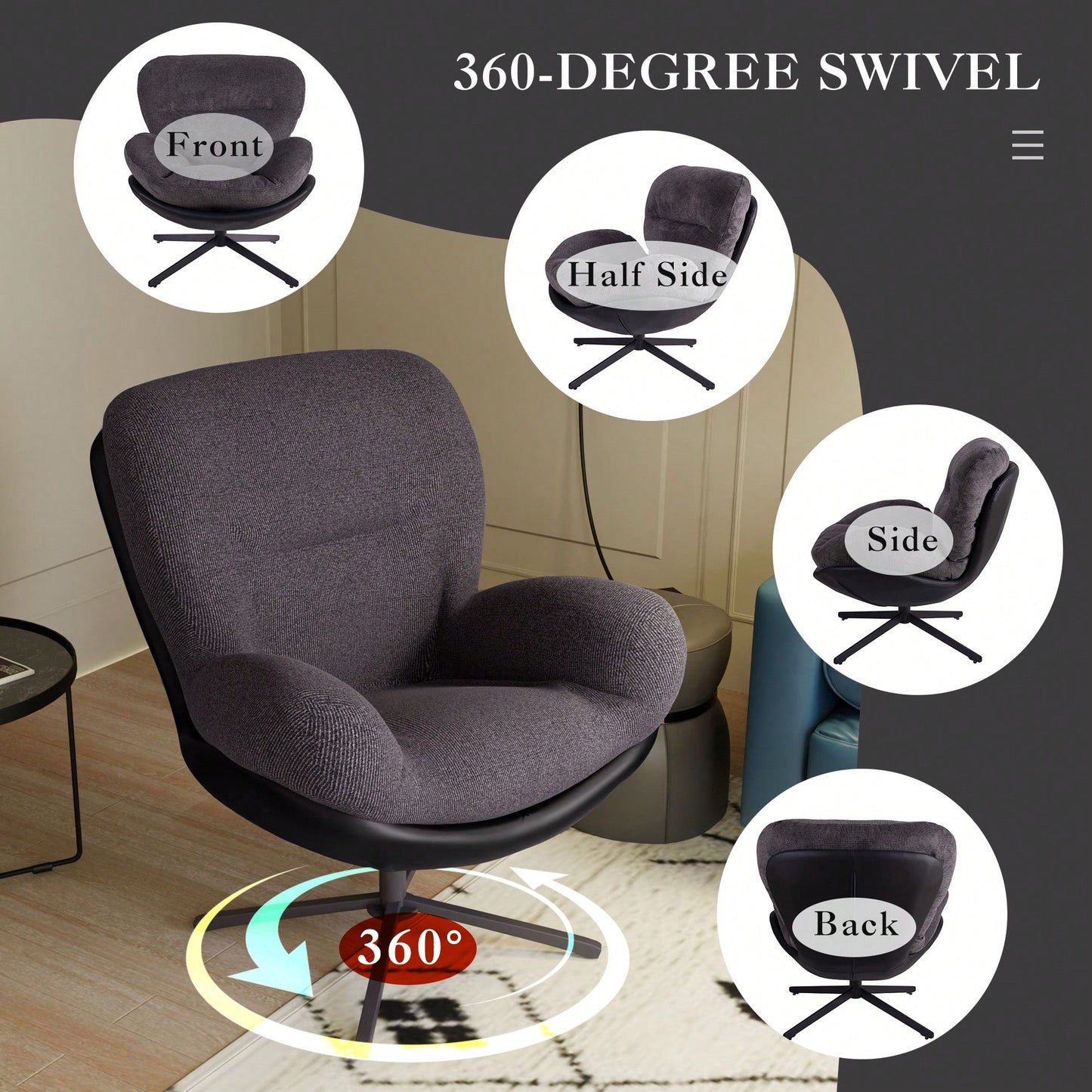 Navy Blue 360° Swivel Accent Chair Stylish Chenille Lounge Chair with Faux Leather Base Ideal for Small Spaces Living Room Bedroom Office