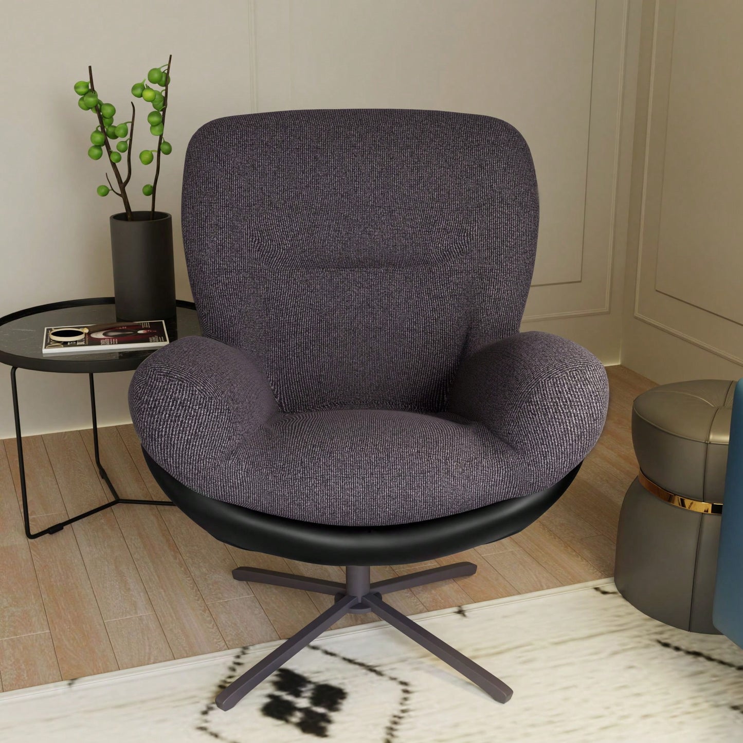 Navy Blue 360° Swivel Accent Chair Stylish Chenille Lounge Chair with Faux Leather Base Ideal for Small Spaces Living Room Bedroom Office