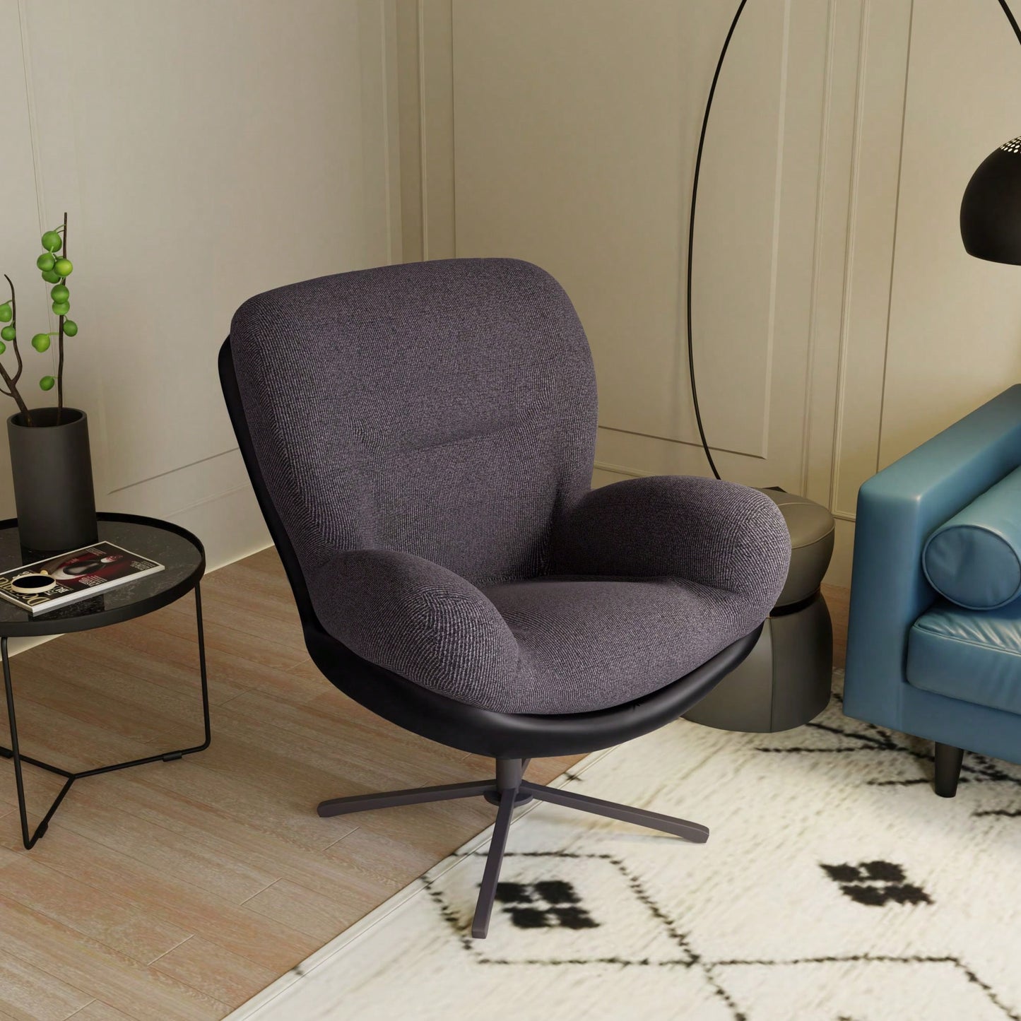 Navy Blue 360° Swivel Accent Chair Stylish Chenille Lounge Chair with Faux Leather Base Ideal for Small Spaces Living Room Bedroom Office