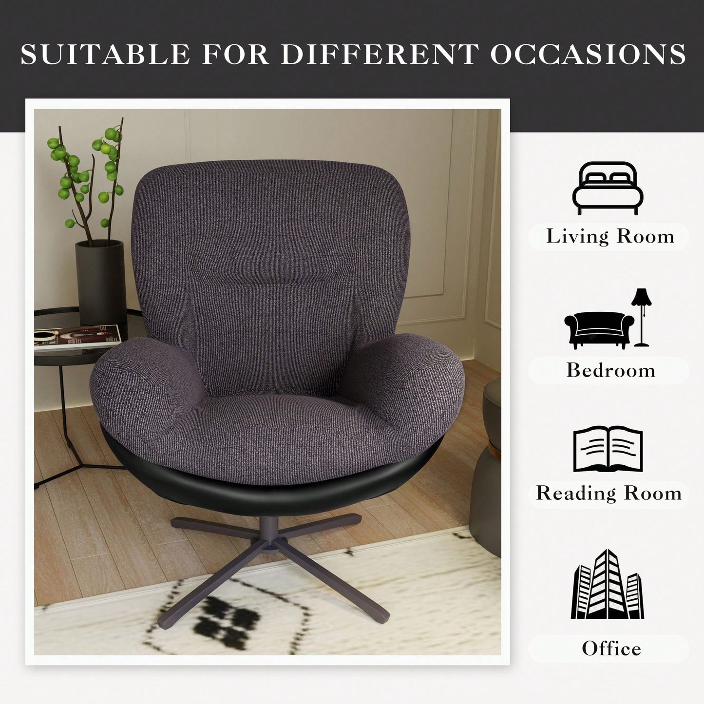 Navy Blue 360° Swivel Accent Chair Stylish Chenille Lounge Chair with Faux Leather Base Ideal for Small Spaces Living Room Bedroom Office
