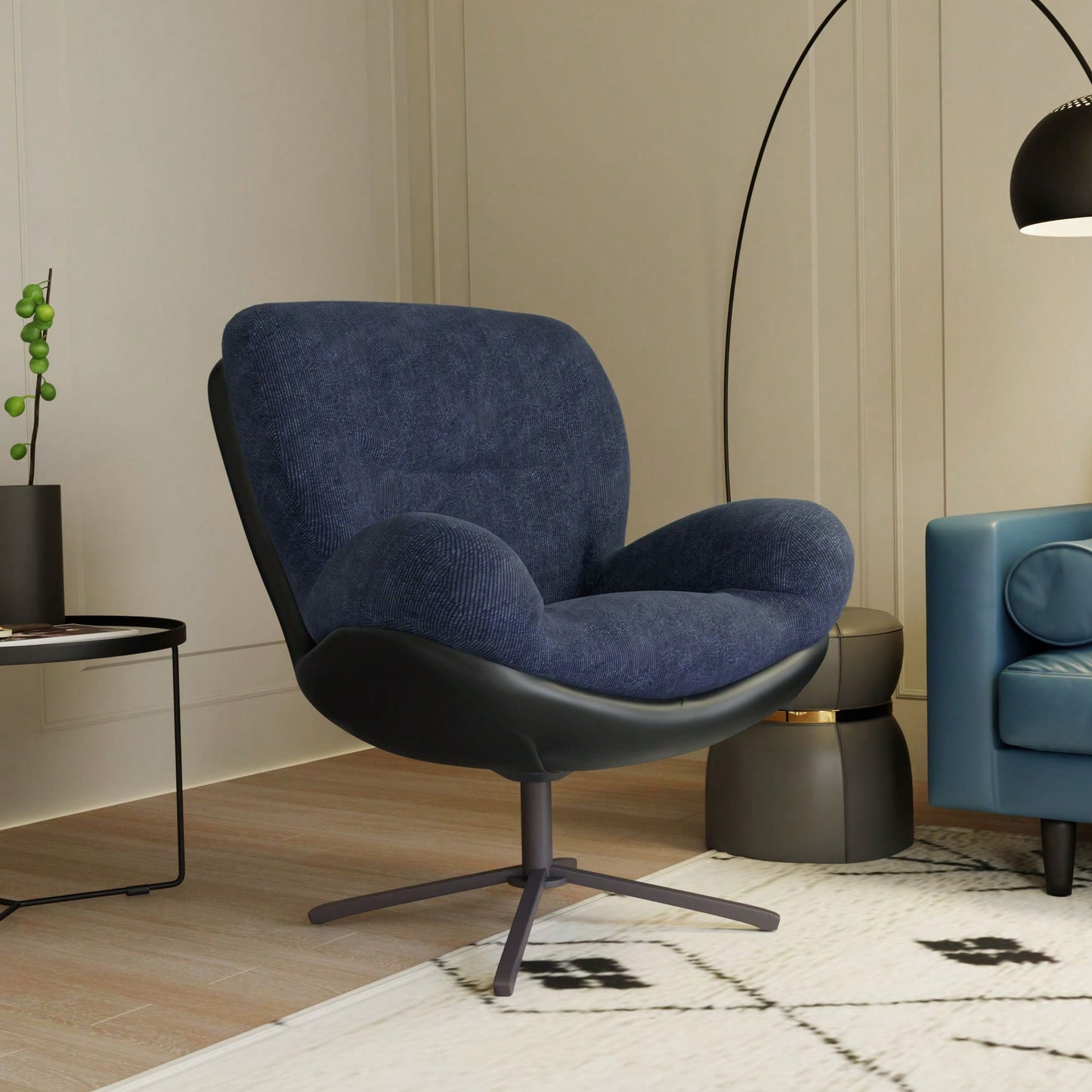 Navy Blue 360° Swivel Accent Chair Stylish Chenille Lounge Chair with Faux Leather Base Ideal for Small Spaces Living Room Bedroom Office