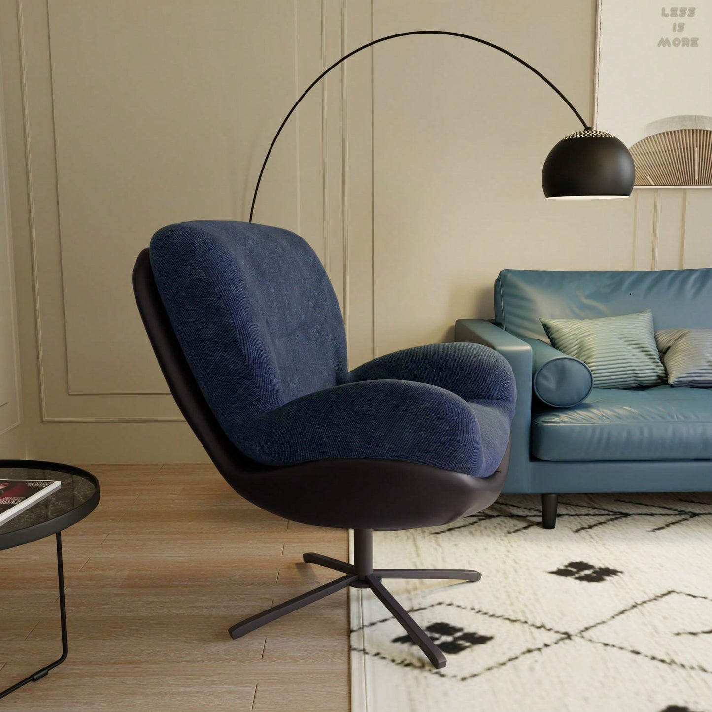 Navy Blue 360° Swivel Accent Chair Stylish Chenille Lounge Chair with Faux Leather Base Ideal for Small Spaces Living Room Bedroom Office