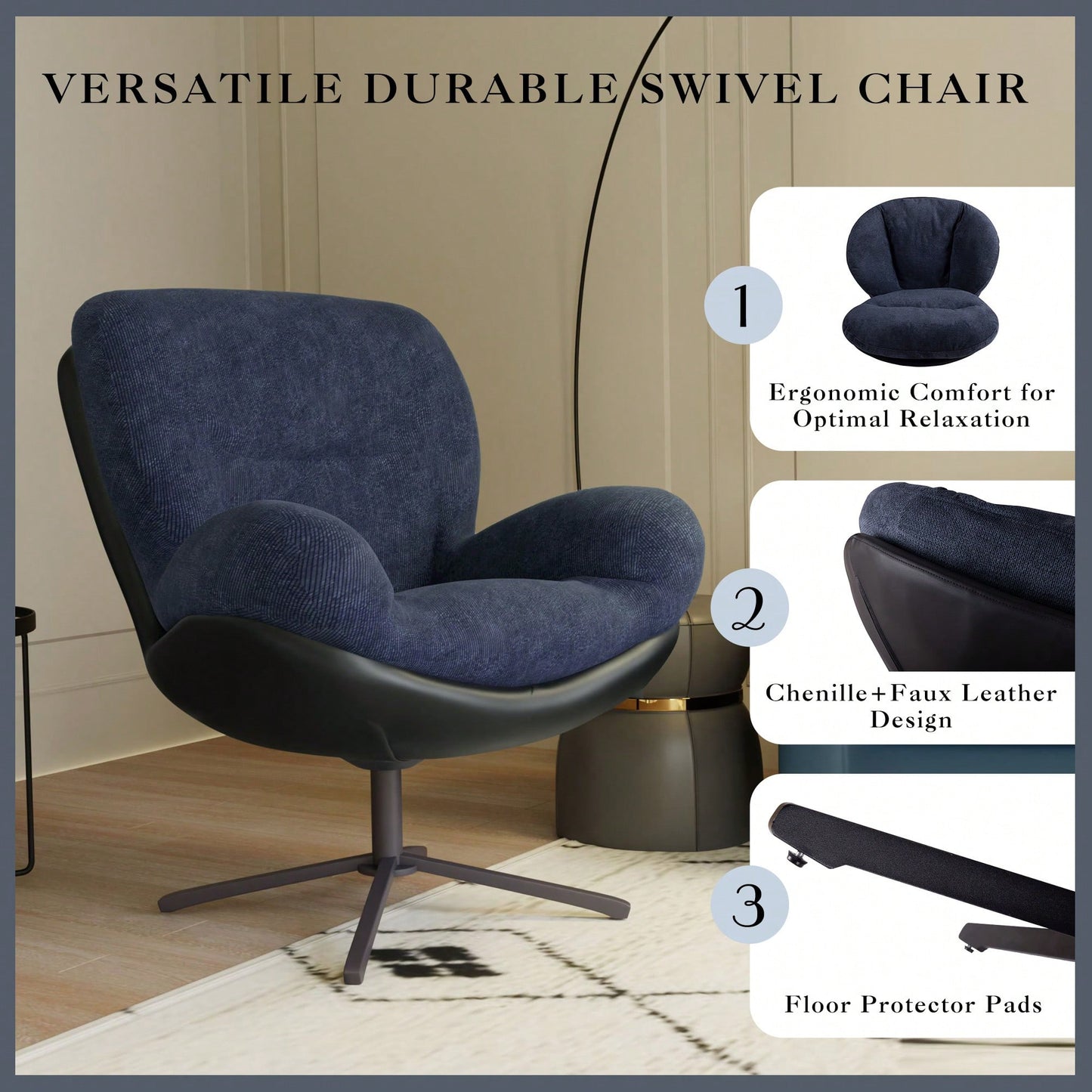 Navy Blue 360° Swivel Accent Chair Stylish Chenille Lounge Chair with Faux Leather Base Ideal for Small Spaces Living Room Bedroom Office