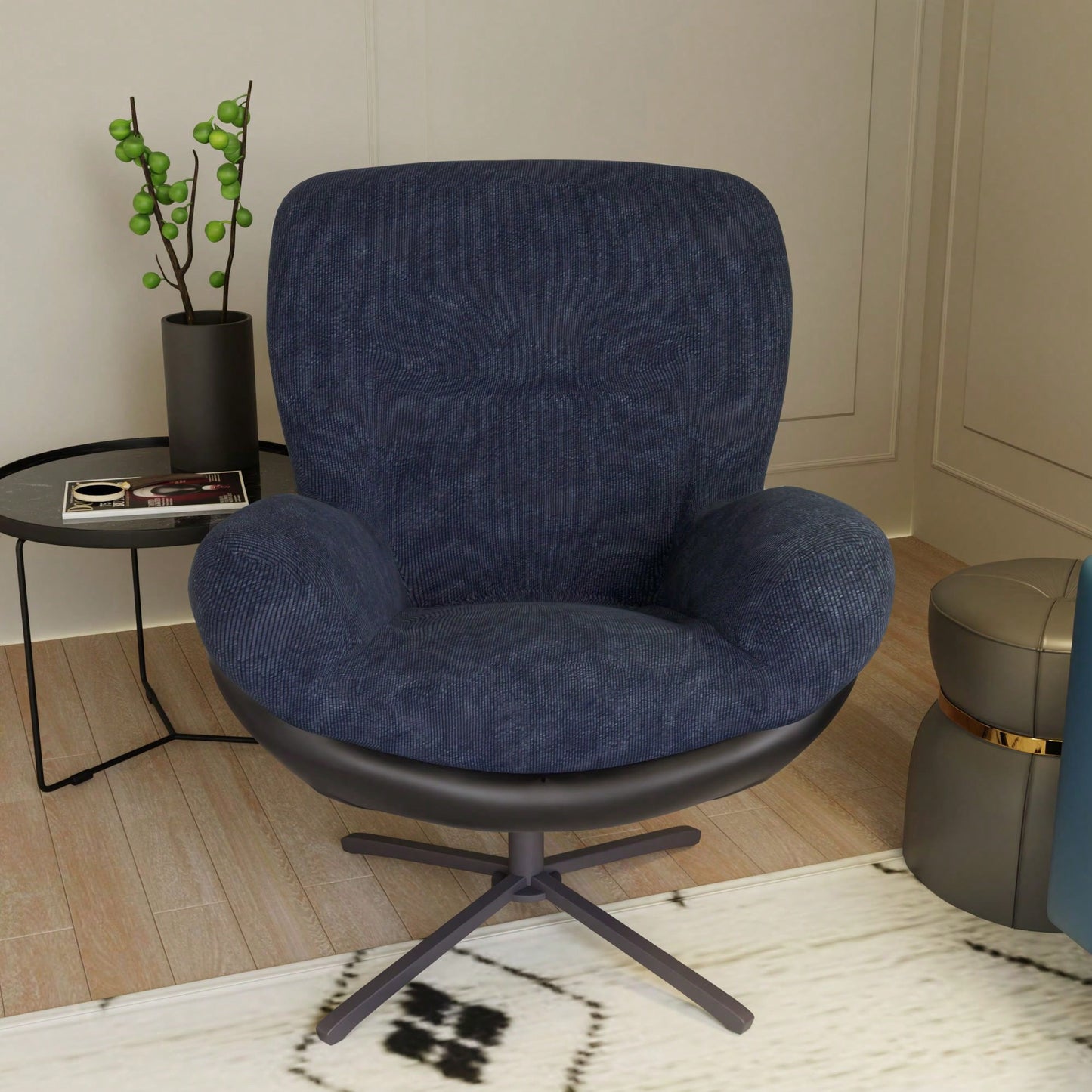 Navy Blue 360° Swivel Accent Chair Stylish Chenille Lounge Chair with Faux Leather Base Ideal for Small Spaces Living Room Bedroom Office