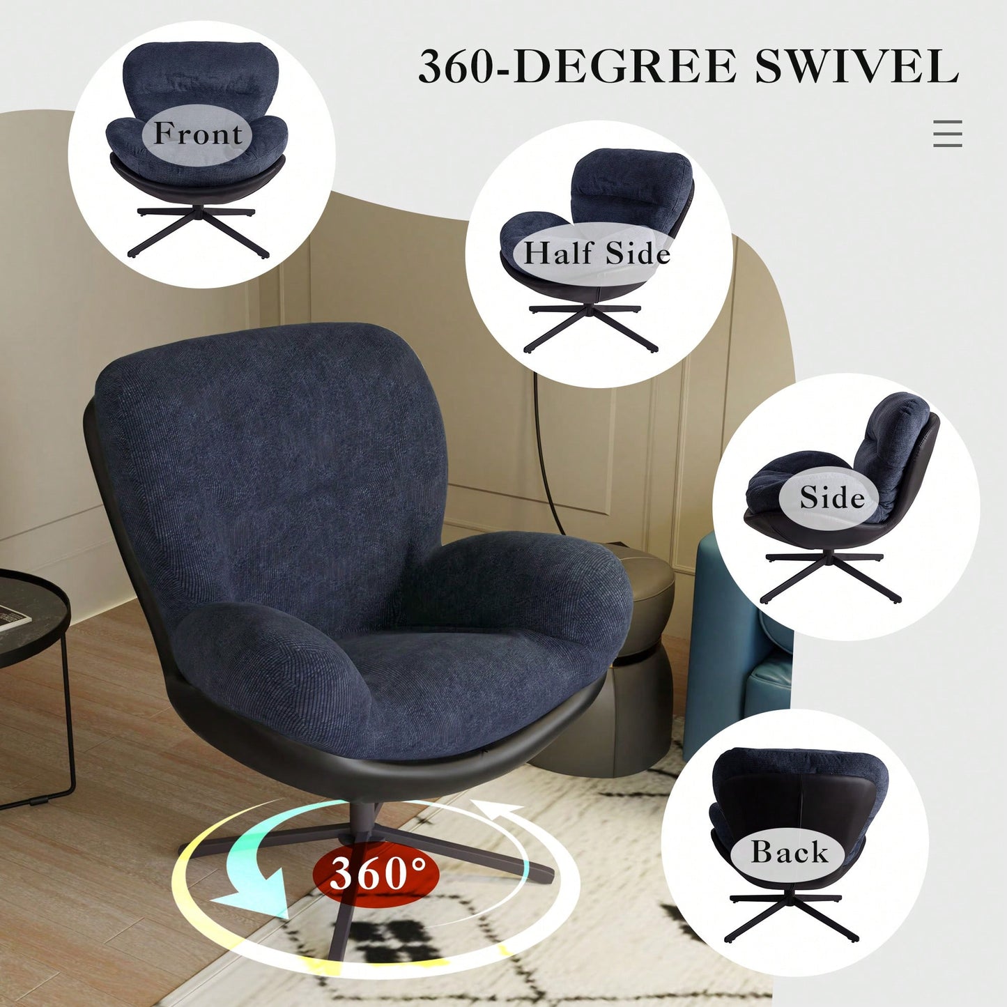 Navy Blue 360° Swivel Accent Chair Stylish Chenille Lounge Chair with Faux Leather Base Ideal for Small Spaces Living Room Bedroom Office