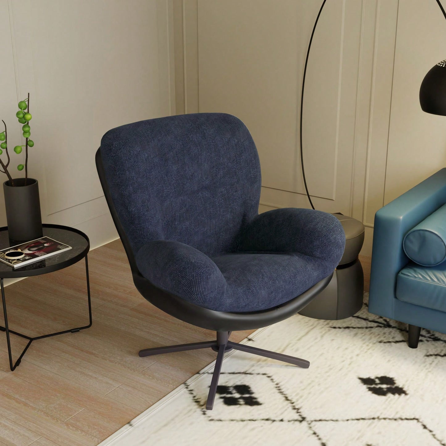 Navy Blue 360° Swivel Accent Chair Stylish Chenille Lounge Chair with Faux Leather Base Ideal for Small Spaces Living Room Bedroom Office