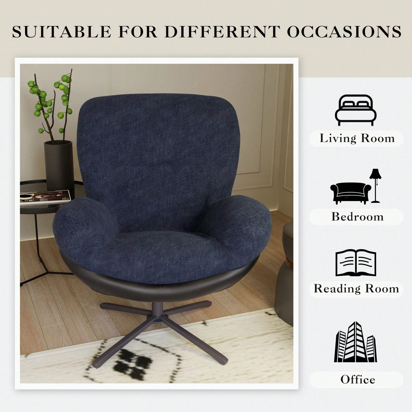Navy Blue 360° Swivel Accent Chair Stylish Chenille Lounge Chair with Faux Leather Base Ideal for Small Spaces Living Room Bedroom Office