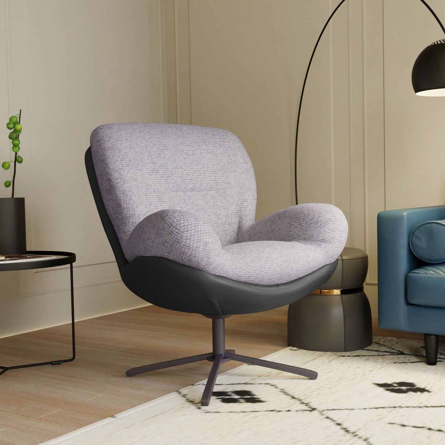 Navy Blue 360° Swivel Accent Chair Stylish Chenille Lounge Chair with Faux Leather Base Ideal for Small Spaces Living Room Bedroom Office
