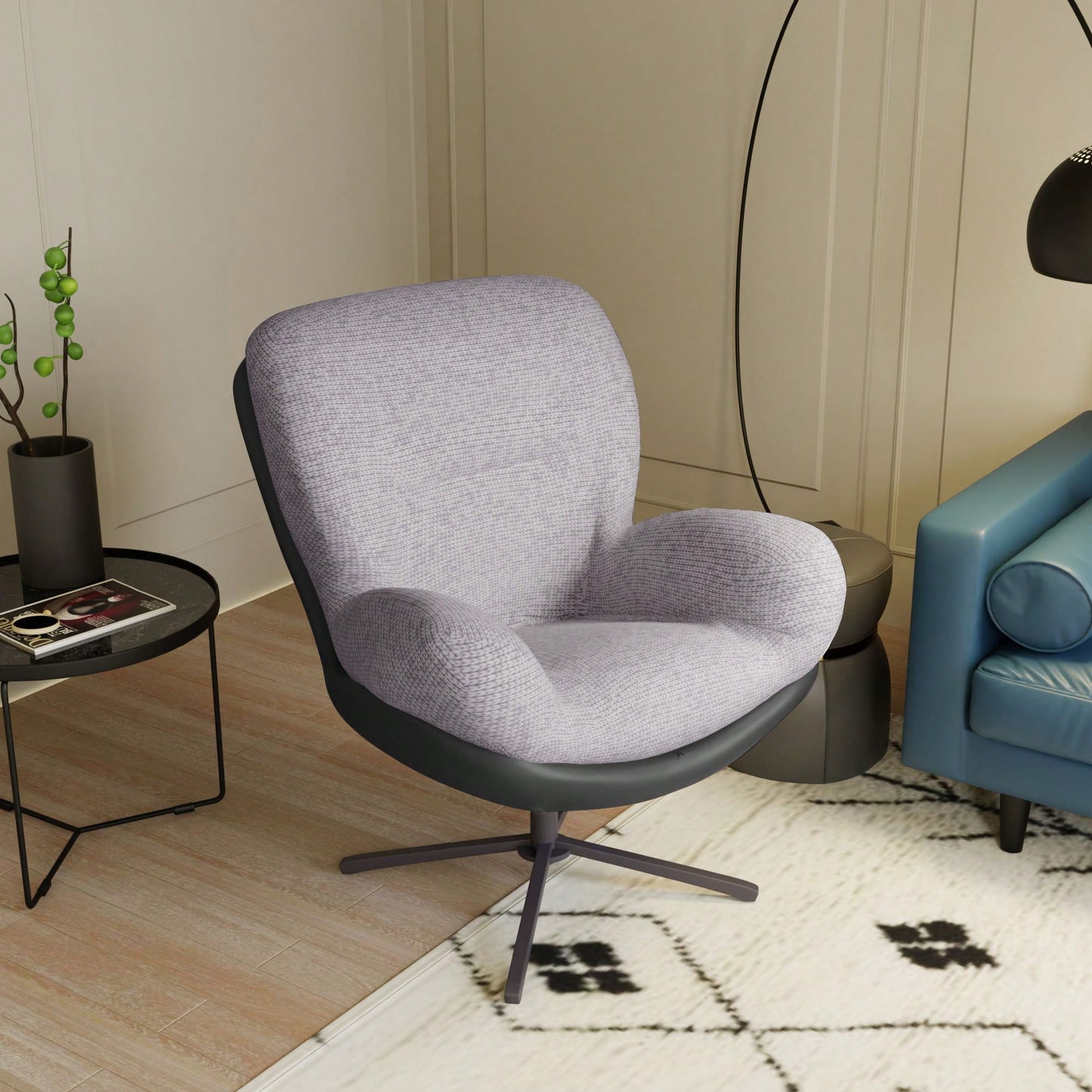 Navy Blue 360° Swivel Accent Chair Stylish Chenille Lounge Chair with Faux Leather Base Ideal for Small Spaces Living Room Bedroom Office