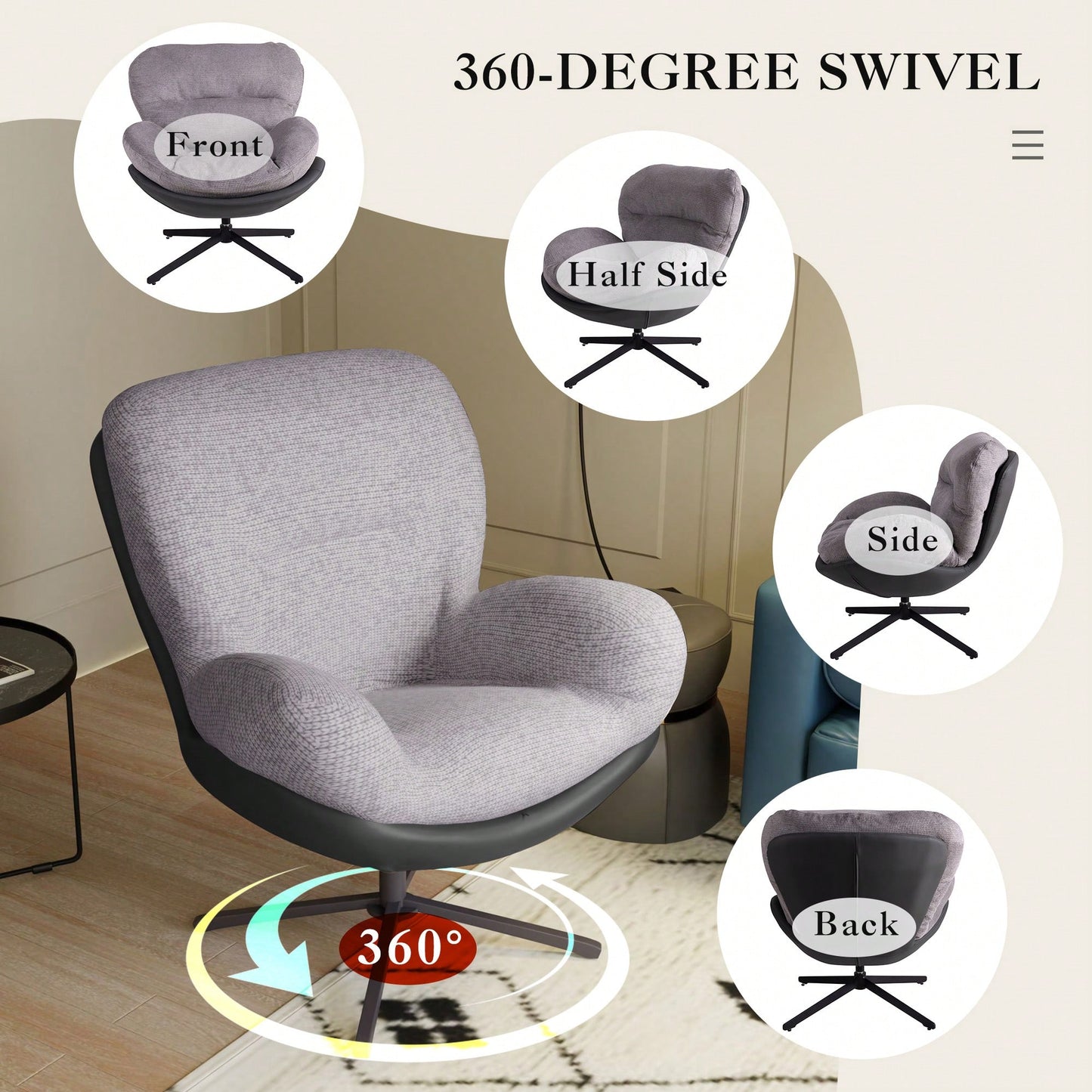 Navy Blue 360° Swivel Accent Chair Stylish Chenille Lounge Chair with Faux Leather Base Ideal for Small Spaces Living Room Bedroom Office