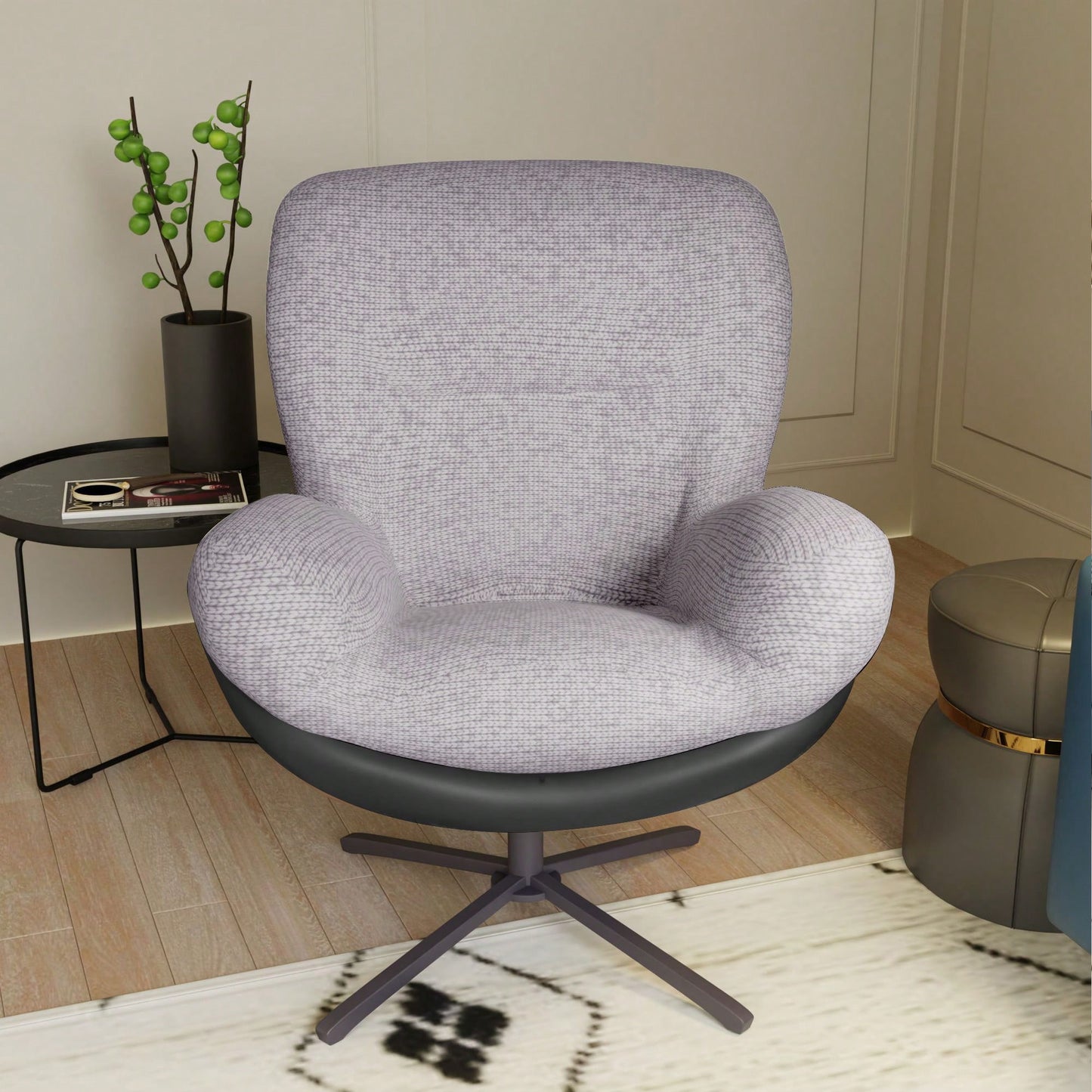 Navy Blue 360° Swivel Accent Chair Stylish Chenille Lounge Chair with Faux Leather Base Ideal for Small Spaces Living Room Bedroom Office
